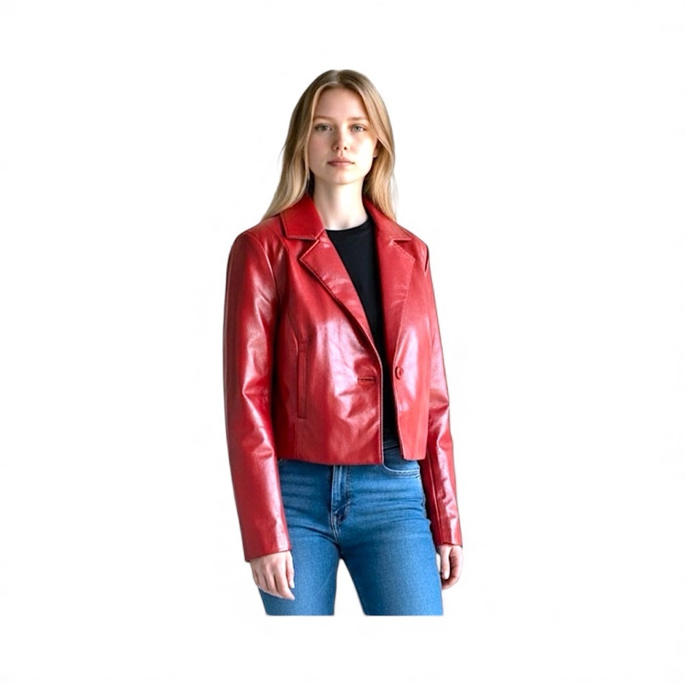 Allegra K Cropped Red Faux Leather Jacket